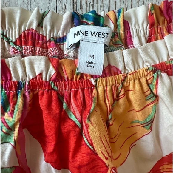 Nine West Off Shoulder Short Puff Sleeve Belted Tropical Floral Print Dress M - Picture 8 of 12